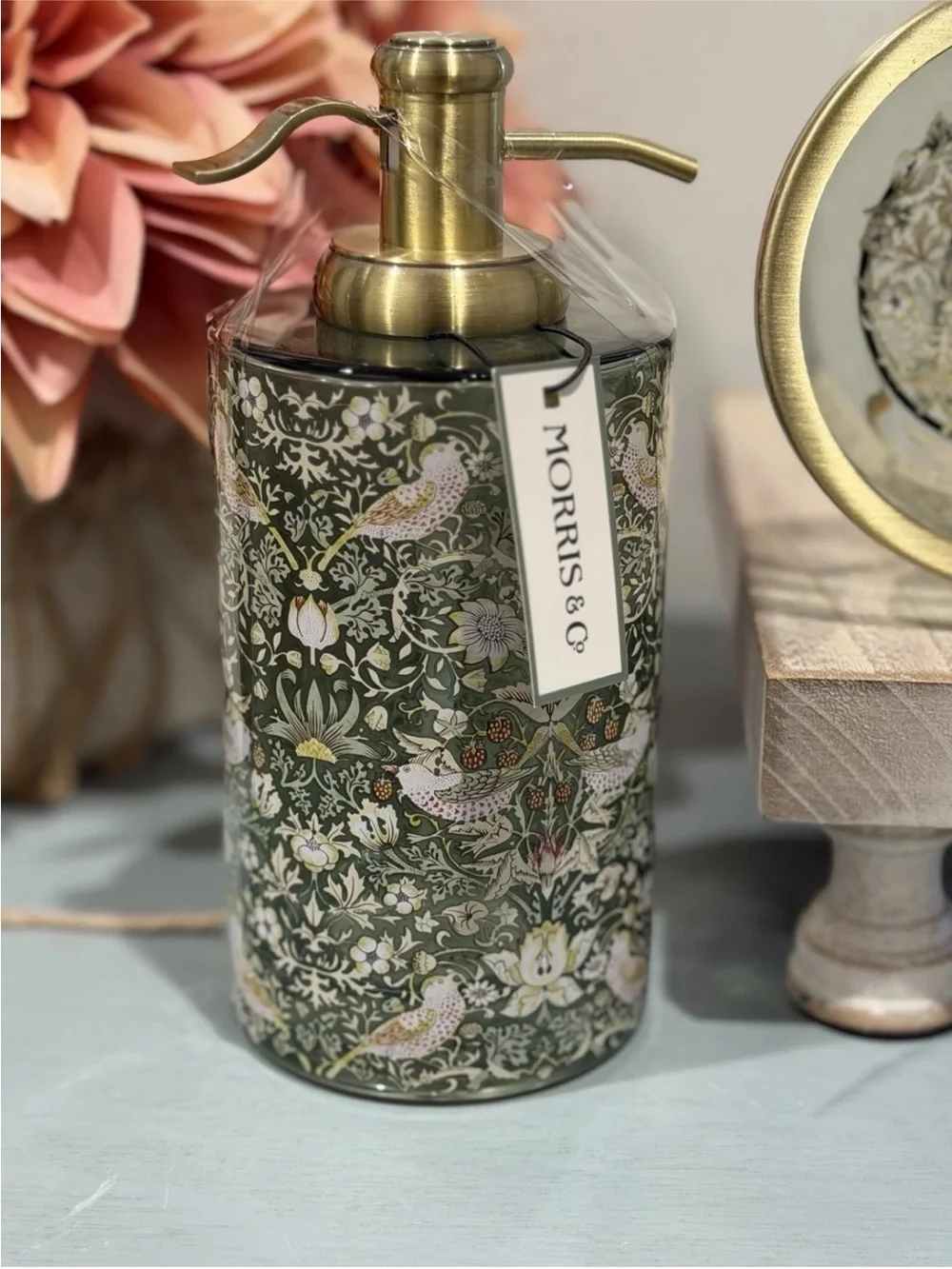 William Morris & Co Green Glass Bathroom Soap Dispenser Strawberry Thief - NEW